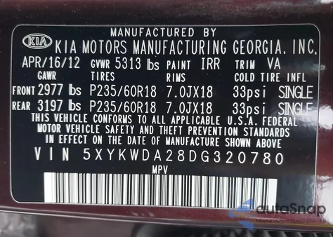 2013 Kia Sorento Sx V6 z USA, uszkodzony, nr VIN 5XYKWDA28DG320780